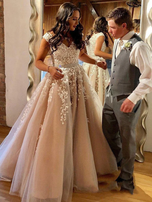 2023 Charming A-Line/Princess V Neck Applique Beaded Tulle Prom Dresses    S1873
