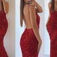 MERMAID V-NECK SPAGHETTI STRAP SEQUINED FLOOR-LENGTH SLEEVELESS PROM DRESS    S1813