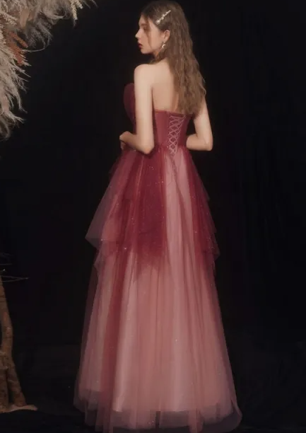 Strapless Burgundy Ombre Long Evening Dress   S2274