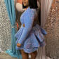 Blue Cocktail Dresses A-Line V-Neck Long Sleeve Shiny Sequin Homecoming Dresses    S2054