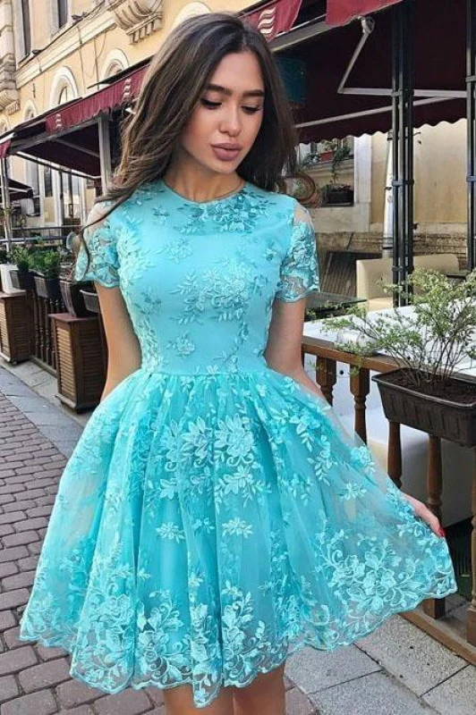 A Line Sleeve Lace Homecoming Charming Prom Dress with Short Sleeves   S1511