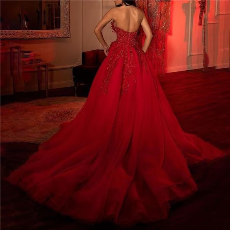 Red tulle dress Red Floor Length Prom Dresses Vintage Sweetheart Tulle Prom Dress    S1821