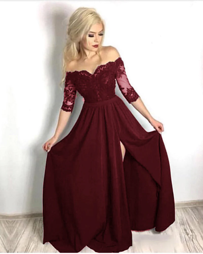 Half Sleeves lace Long Party Formal Prom Dresses for Girls with Slit     S2245