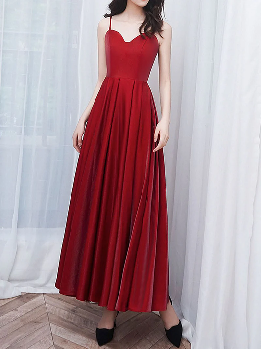 A-LINE SATIN BURGUNDY PROM DRESS, BURGUNDY TEA LENGTH BRIDESMAID DRESS     S1358