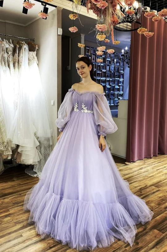 A-Line Tulle Sweetheart Long Sleeves Long Prom Dress With Lace, Evening Dress    S1233