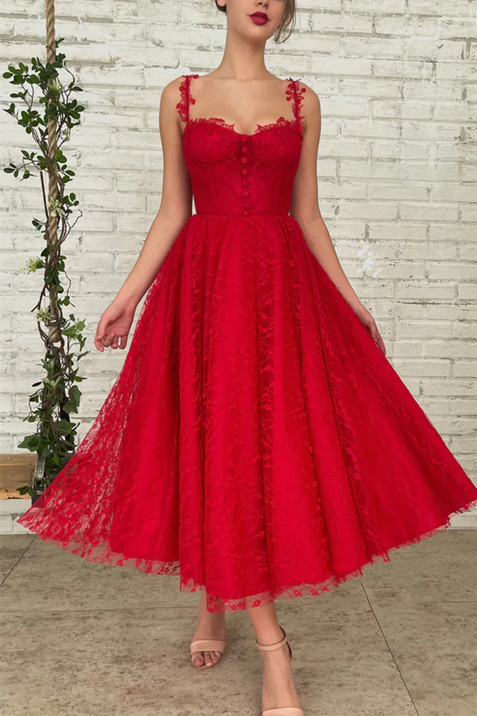 Red Lace Tea Length Prom Dress, Red Lace Homecoming Dress, Short Red Formal Evening Dress    S1365