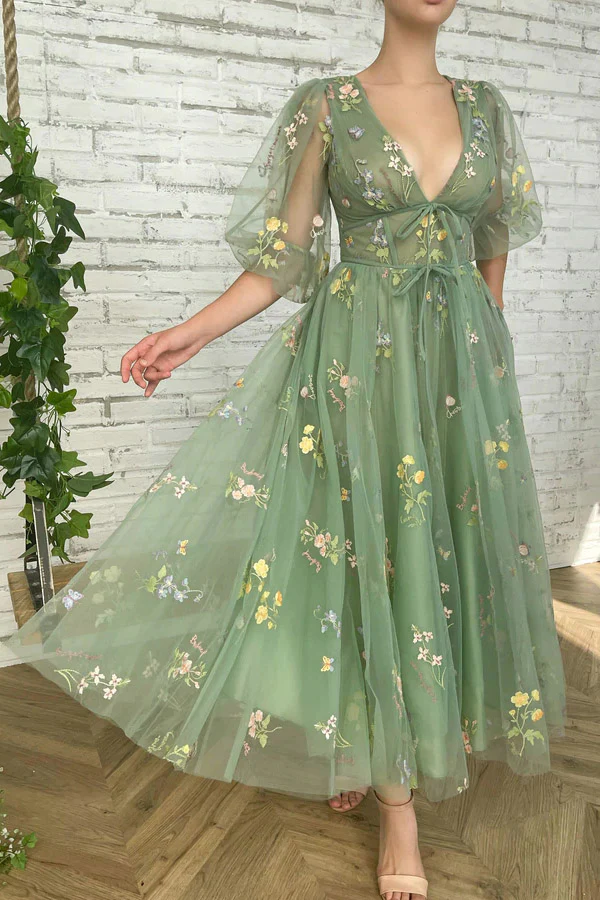 Elegant V Neck Green Tea Length Prom Dresses     S1630