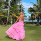 Fashion A Line V Neck Pink Chiffon Long Evening Dresses     S2099