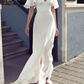 Open Back Beach Wedding Dress, V-neck Slit Destination Wedding Gown White    S1943