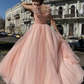 Elegant V Neck Pink Tulle Long Prom Dresses with High Slit, Pink Tulle Formal Graduation Evening Dresses     S2103