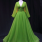 Green A Line Long Prom Dresses, V Neck Green Tulle Long Formal Evening Dresses    S1770