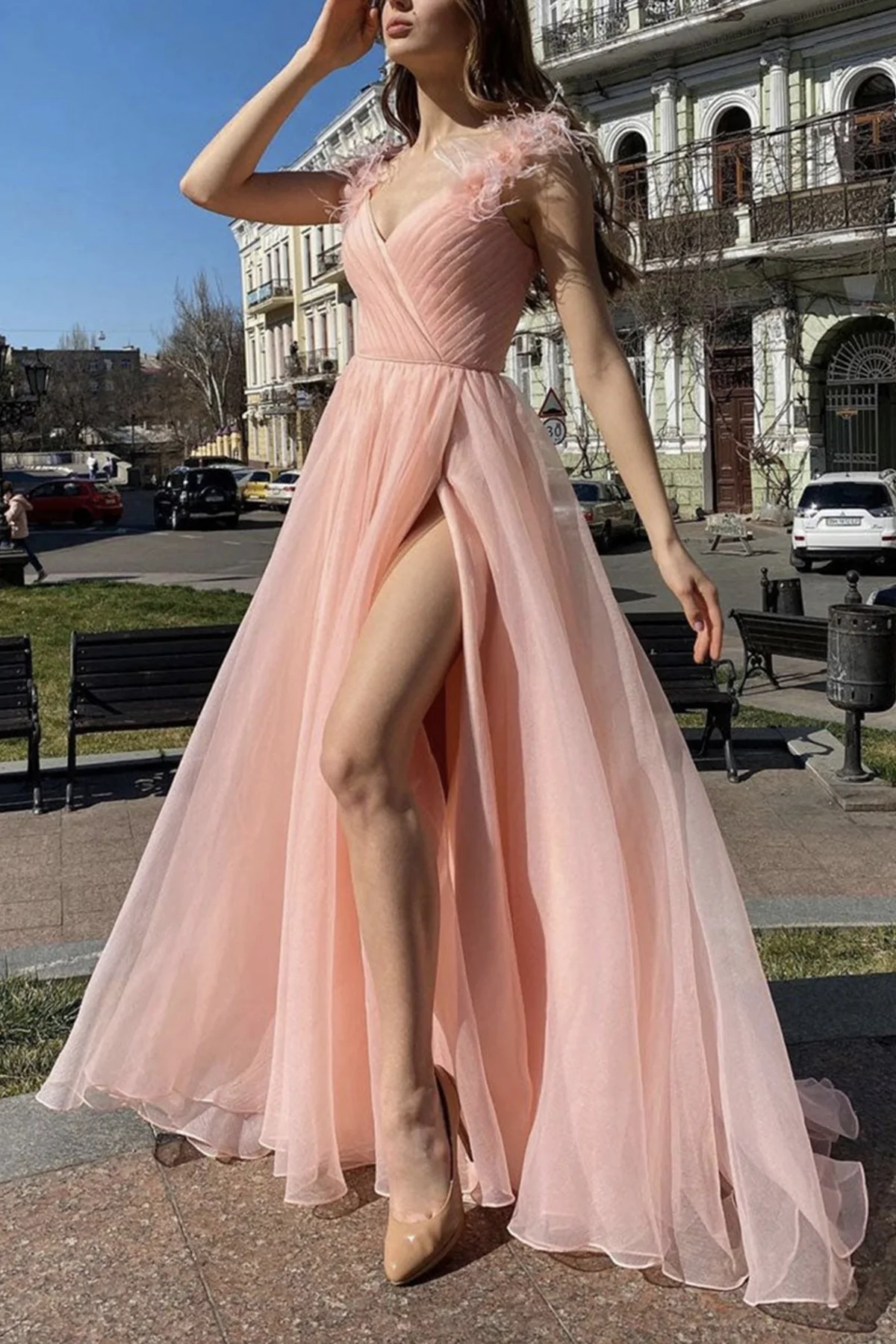 Elegant V Neck Pink Tulle Long Prom Dresses with High Slit, Pink Tulle Formal Graduation Evening Dresses     S2103