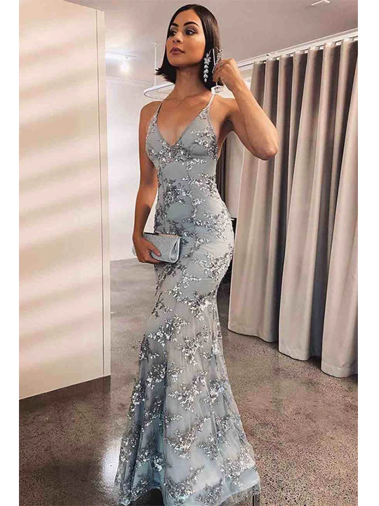 Elegant Mermaid Silver Long Prom Dress with Open Back    S1563