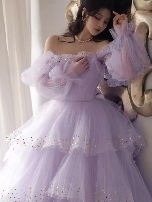 sparkly prom dresses, purple prom dresses, robes de cocktail, off the shoulder prom dresses      S1085