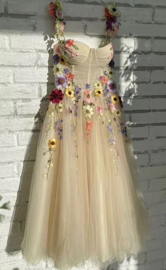 Champagne Tulle Tea Length Formal Dress with Flowers, Champagne Prom Dress   S2172