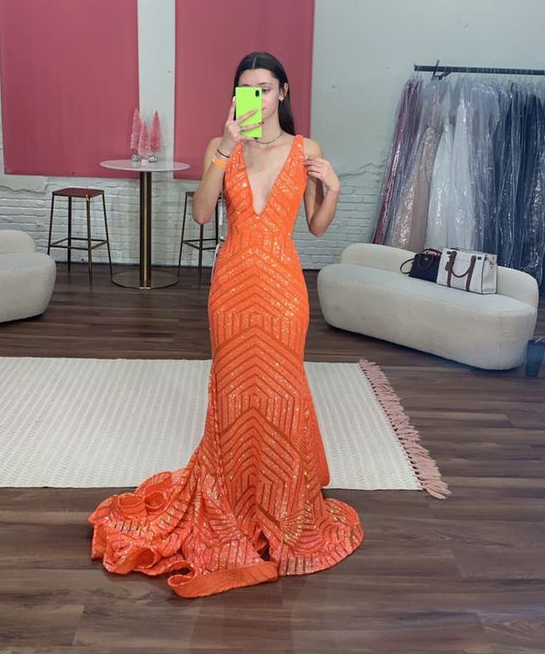 Mermaid Orange V-Neck Long Party Dress    S1000