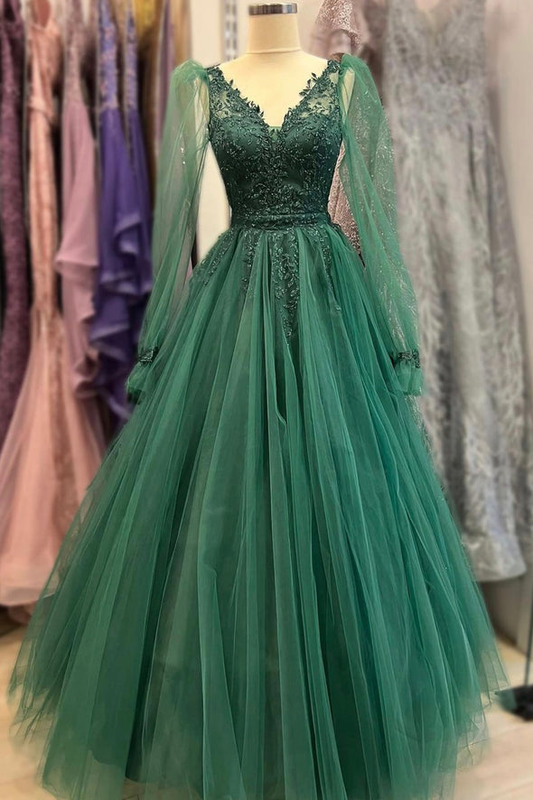 Green tulle beads V Neck long Sleeve prom dress green evening dress    S2004