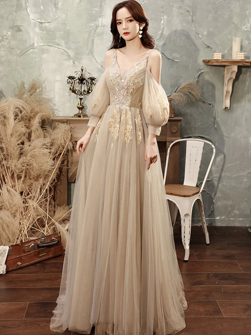 CHAMPAGNE A LINE TULLE LACE LONG PROM DRESS, LACE FORMAL GRADUATION DRESS      S1349