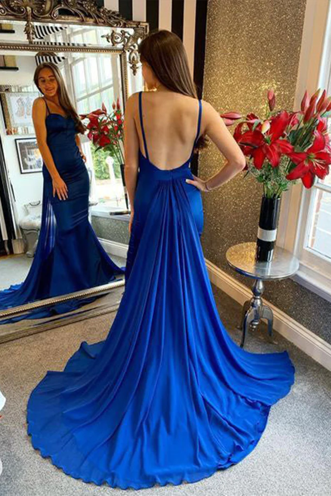 Mermaid Open Back Blue Long Prom Dress with Train, Mermaid Blue Formal Dress, Blue Evening Dress    S1366