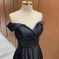 Off Shoulder Black Satin Long Prom Dress, Long Black Formal Graduation Evening Dress      S1368