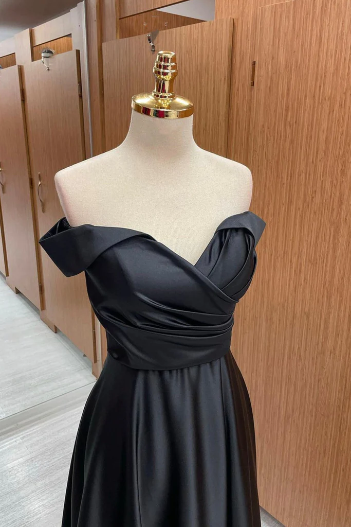 Off Shoulder Black Satin Long Prom Dress, Long Black Formal Graduation Evening Dress      S1368