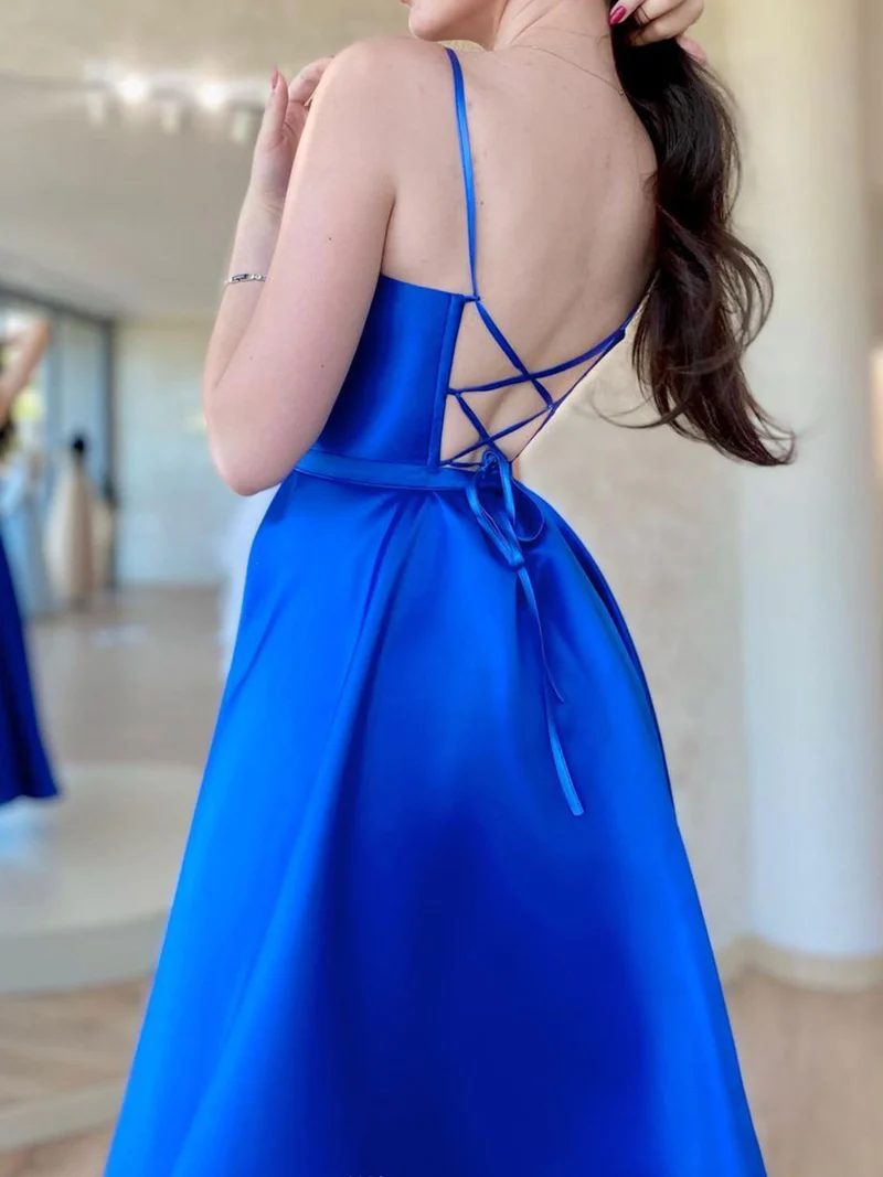 SIMPLE BLUE SATIN LONG PROM DRESSES, BLUE FORMAL PARTY DRESS      S1354