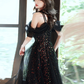 A LINE BLACK LONG PROM DRESSES, OFF SHOULDER TULLE LONG EVENING DRESS WITH SEQUIN TULLE      S1356