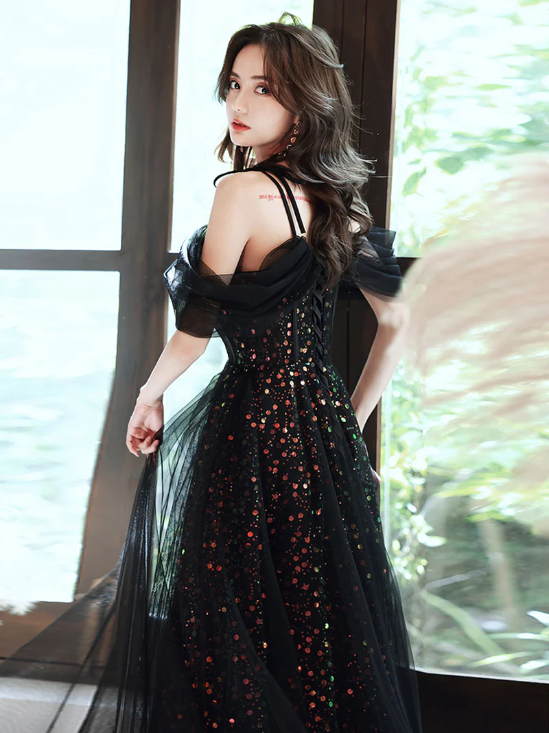 A LINE BLACK LONG PROM DRESSES, OFF SHOULDER TULLE LONG EVENING DRESS WITH SEQUIN TULLE      S1356