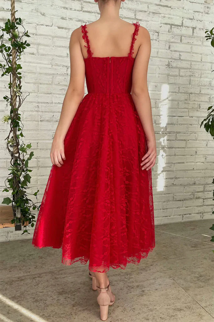 Red Lace Tea Length Prom Dress, Red Lace Homecoming Dress, Short Red Formal Evening Dress    S1365