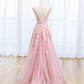 A-LINE LACE PINK LONG PROM DRESS, PINK LACE LONG FORMAL DRESS PARTY DRESS     S1359