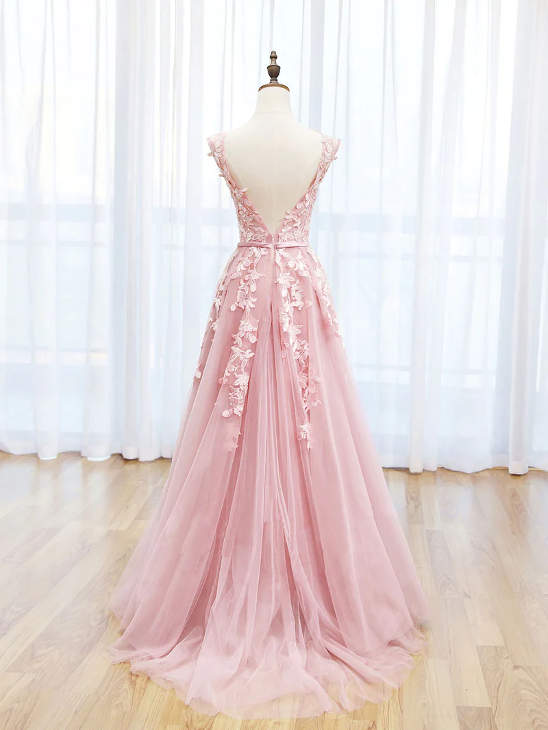 A-LINE LACE PINK LONG PROM DRESS, PINK LACE LONG FORMAL DRESS PARTY DRESS     S1359