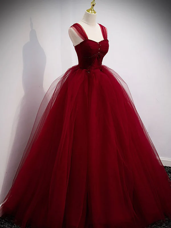 Burgundy Sweetheart Tulle Long Prom Dress, Burgundy Evening Dress     S1895