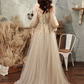 CHAMPAGNE A LINE TULLE LACE LONG PROM DRESS, LACE FORMAL GRADUATION DRESS      S1349