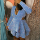 Blue Cocktail Dresses A-Line V-Neck Long Sleeve Shiny Sequin Homecoming Dresses    S2054