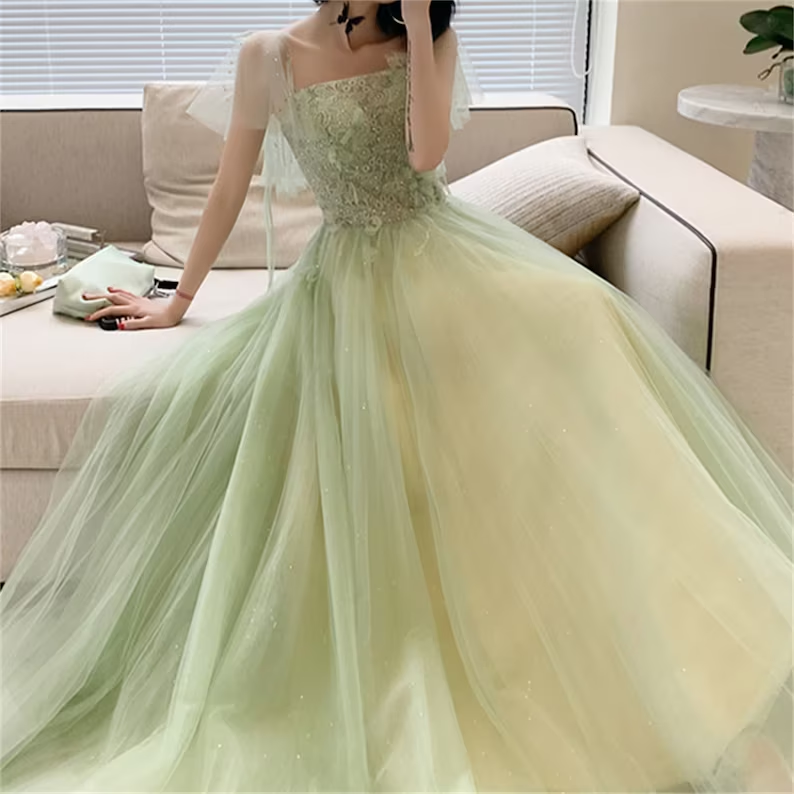 Green prom dress long Lace floral top prom dress      S1897