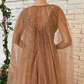 Brown Sequin Maxi Dress with Cape/ Star Tulle Dress/ Fairy Prom Starry Mesh Dress    S1216