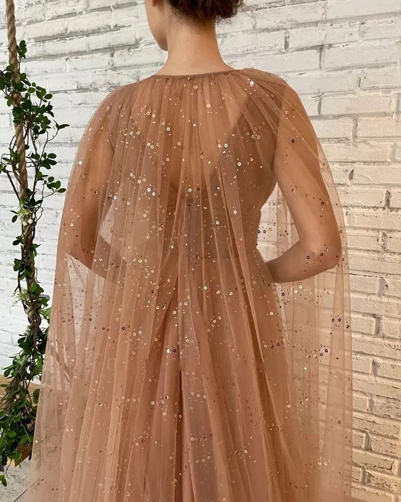 Brown Sequin Maxi Dress with Cape/ Star Tulle Dress/ Fairy Prom Starry Mesh Dress    S1216