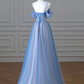 Blue Tulle Long A-line Prom Dress      S1374