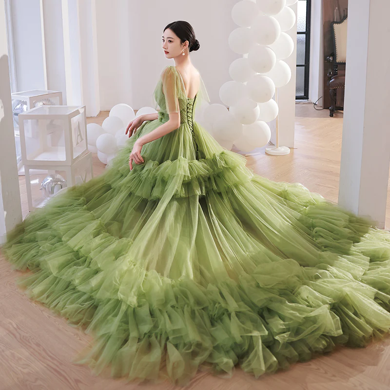 Light Green Layers Tulle Sweetheart Long Formal Dresses, Tulle Wedding Party Dresses    S1237