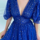 Blue V Neck Tulle Long Prom Dress, Blue Formal Evening Dresses    S843