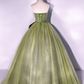 GREEN A LINE TULLE LONG PROM DRESSES, GREEN FORMAL EVENING DRESS     S1357