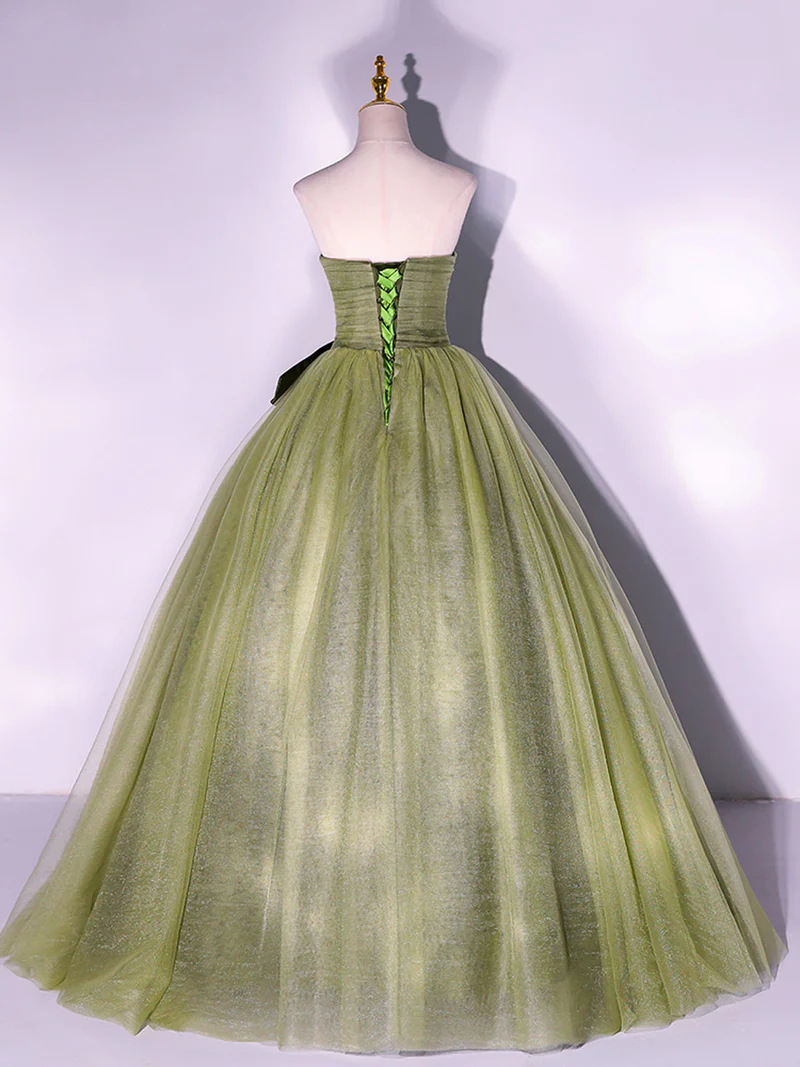 GREEN A LINE TULLE LONG PROM DRESSES, GREEN FORMAL EVENING DRESS     S1357