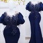 Navy Blue Prom Dresses Long Luxury Puffy Sleeves Sheer Neck Beads Appliques Mermaid Formal Party Gowns Evening Dress Plus Size    S2440