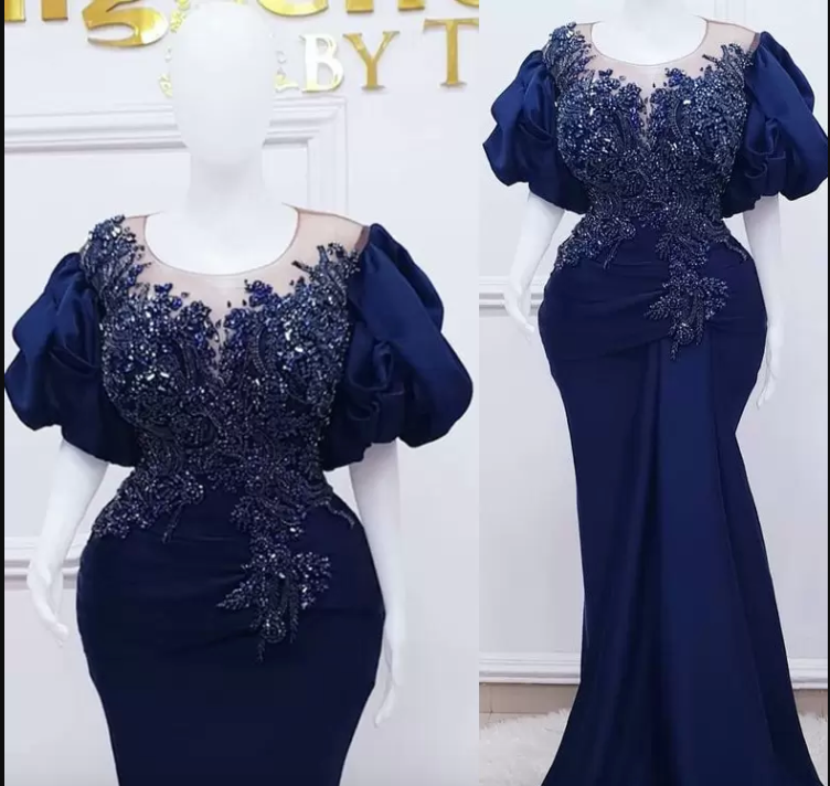 Navy Blue Prom Dresses Long Luxury Puffy Sleeves Sheer Neck Beads Appliques Mermaid Formal Party Gowns Evening Dress Plus Size    S2440