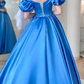 BLUE SATIN LONG PROM DRESS, A LINE LONG BLUE GRADUATION DRESSES     S1362