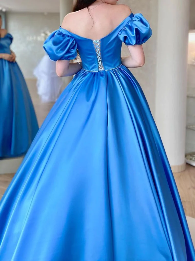 BLUE SATIN LONG PROM DRESS, A LINE LONG BLUE GRADUATION DRESSES     S1362