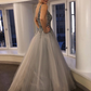 Gorgeous V Neck Beaded Silver Grey Long Prom Dresses, Silver Grey Beaded Formal Graduation Evening Dresses      S1091