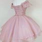 Pink Lace Homecoming Gown With Beading, Princess Off The Shoulder Hoco Dress   S1626