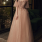 A-Line Glittering Elegant Wedding Guest Formal Evening Dress Scoop Neck Short Sleeve Floor Length Tulle with Pleats Sequin    S1234