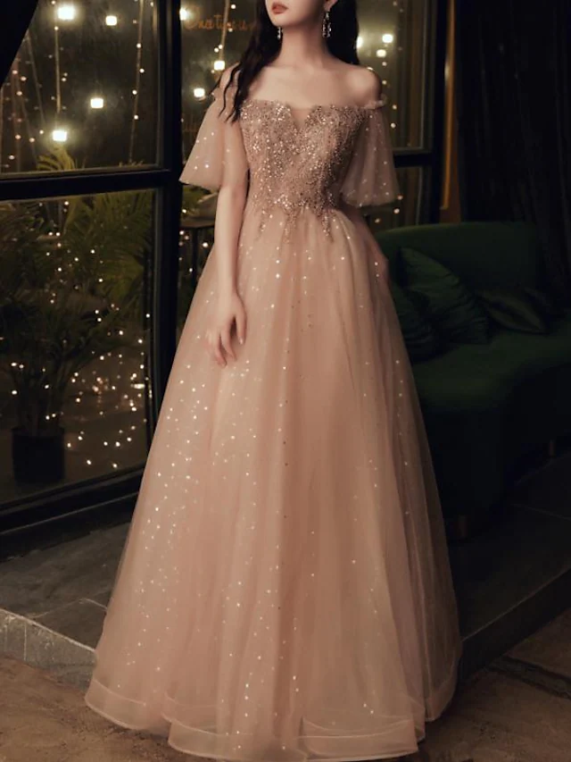 A-Line Glittering Elegant Wedding Guest Formal Evening Dress Scoop Neck Short Sleeve Floor Length Tulle with Pleats Sequin    S1234